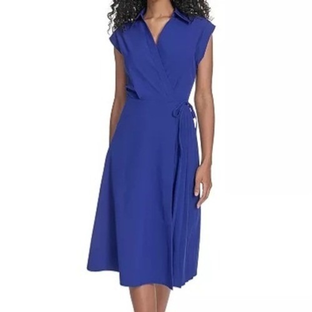 Calvin Klein Faux Wrap Sleeveless A Line Blue Tie Waist Dress Womens Size 2 NWT